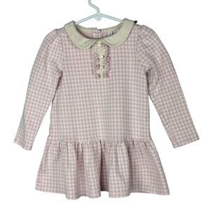 Janie and Jack Girls Dress Houndstooth Cotton Long Sleeve Pink Ivory Size 3